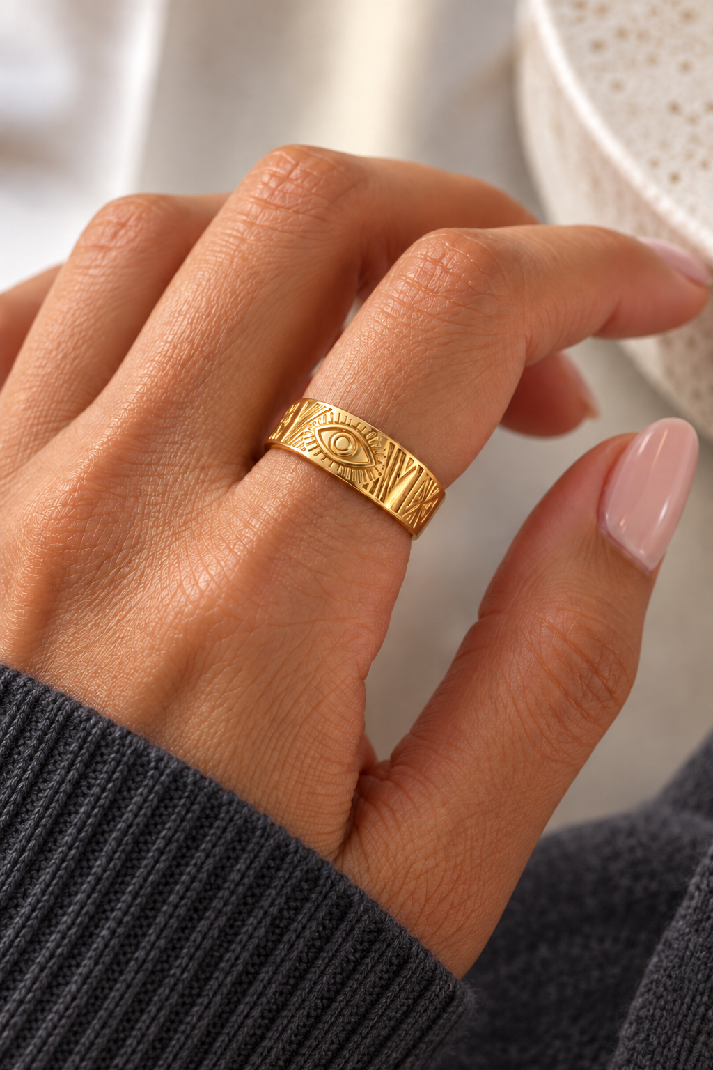 Mila Evil Eye Ring — try-on with modern dark clothing