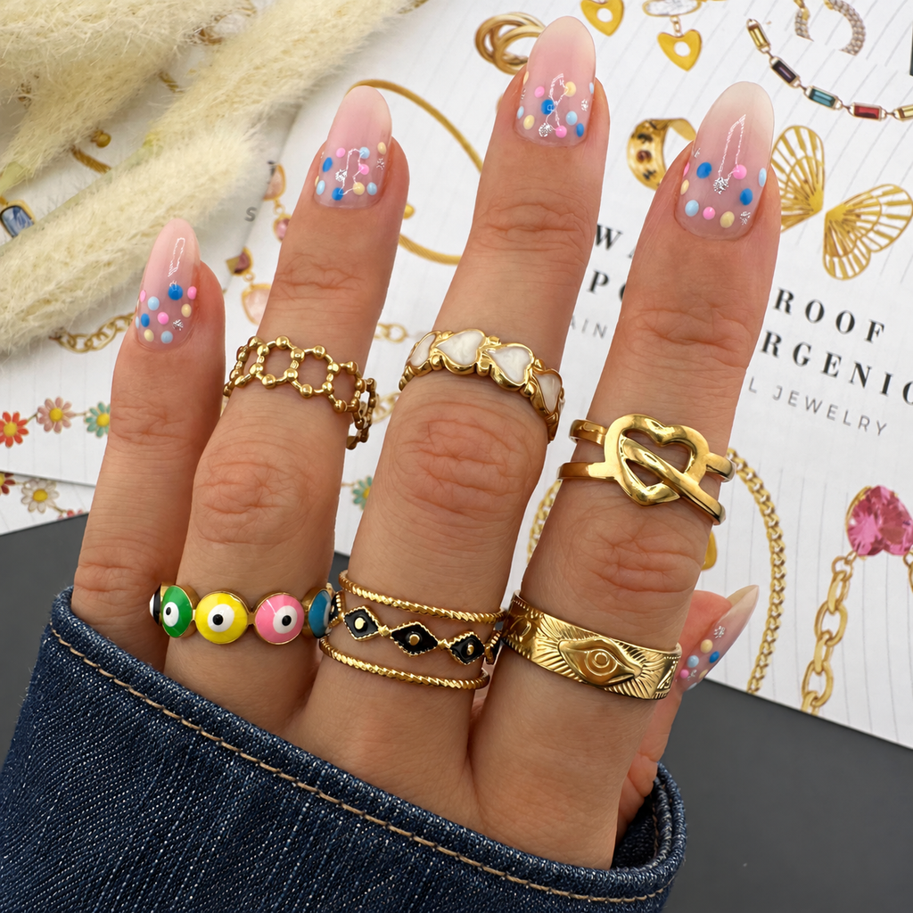 Mila Evil Eye Ring — try-on with modern dark clothing