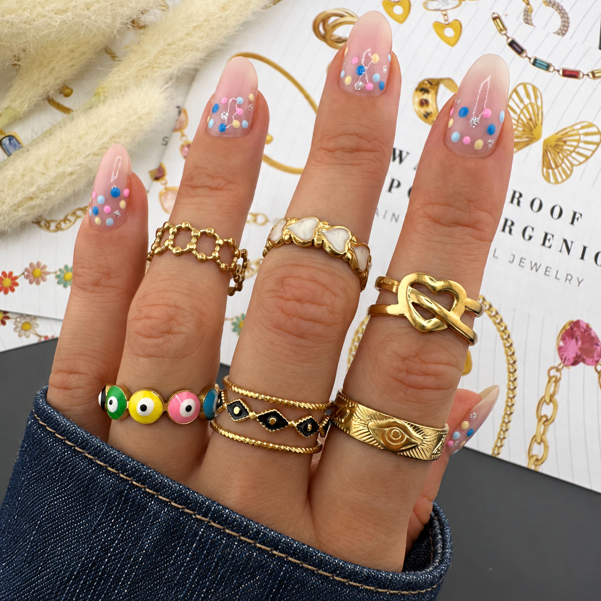 Mila Evil Eye Ring — try-on with modern dark clothing