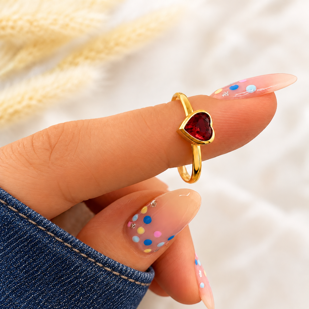 Mara Heart Ring — try-on with modern dark clothing