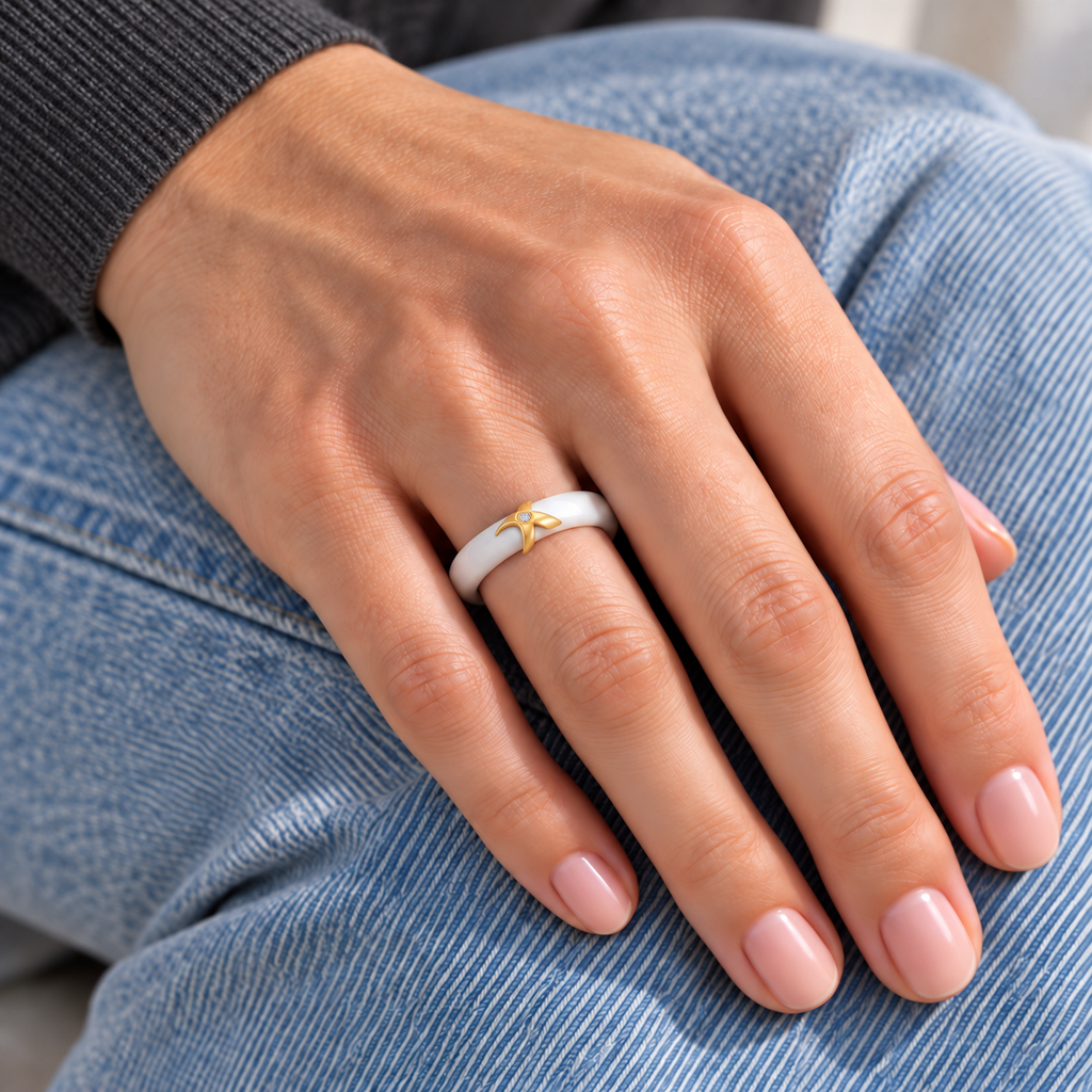 Nora Crystal Ring — try-on with modern dark clothing