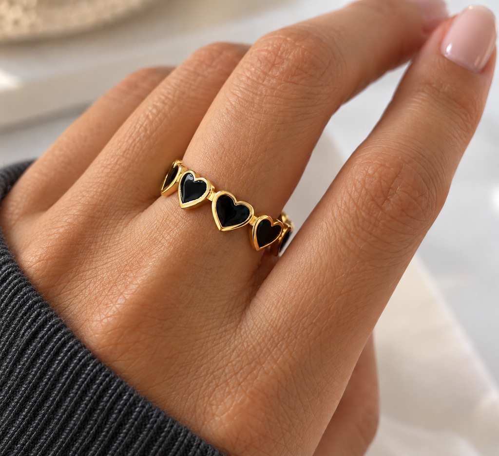 Luna Heart Ring — try-on with modern dark clothing