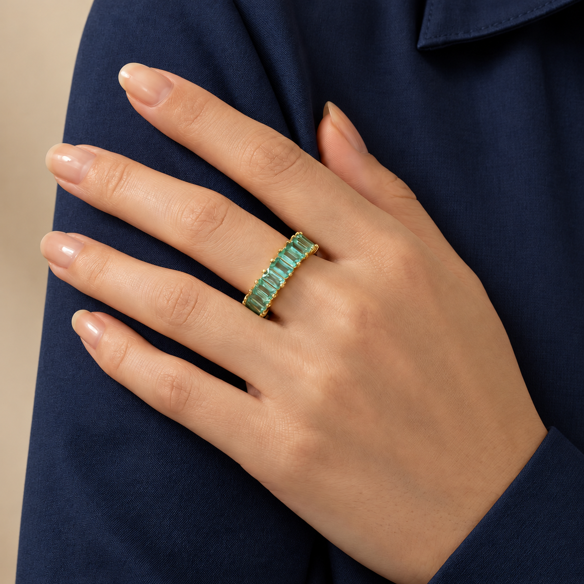 Mia Crystal Ring — try-on with modern dark clothing