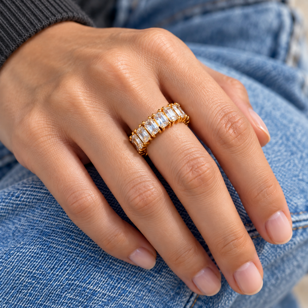 Eden Crystal Ring — try-on with modern dark clothing