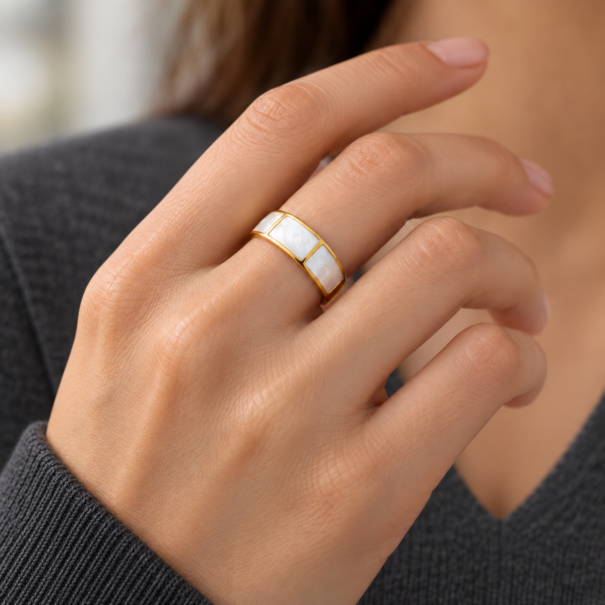 Maya Ring — try-on with modern dark clothing