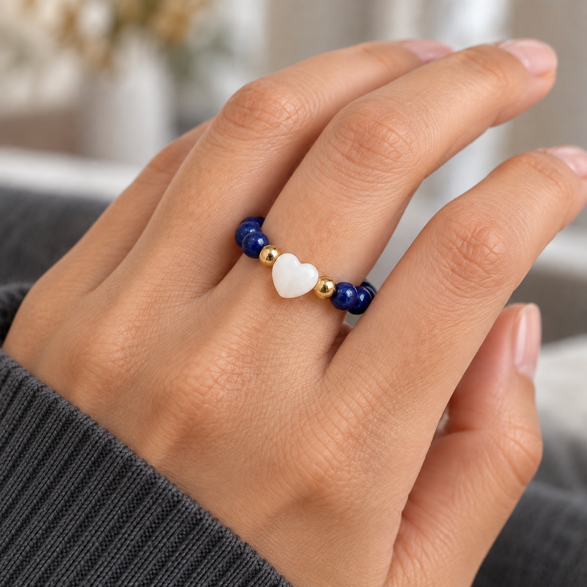 Lucia Heart Ring — try-on with modern dark clothing