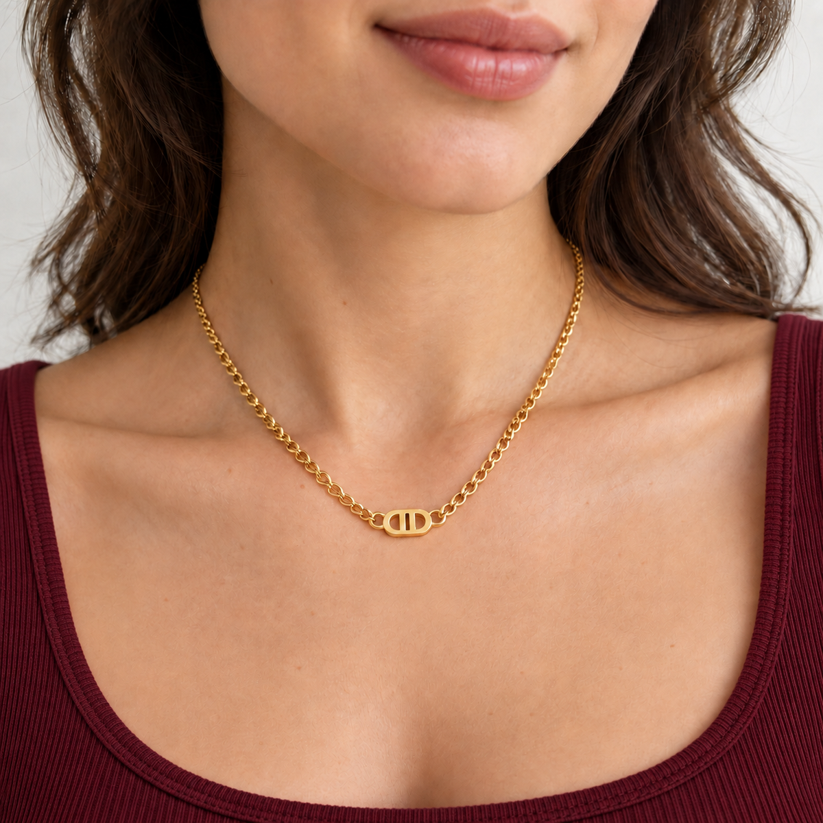 Elara Necklace — try-on with modern dark clothing