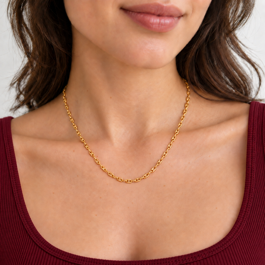 Lumi Necklace — try-on with modern dark clothing