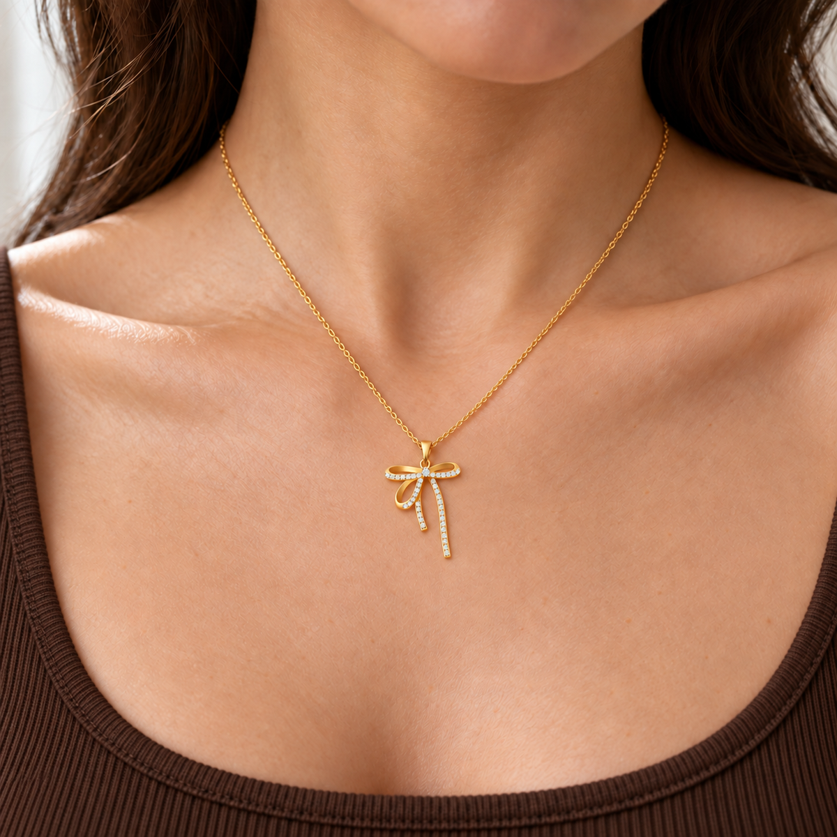 Noelle Bow Necklace — try-on with modern dark clothing