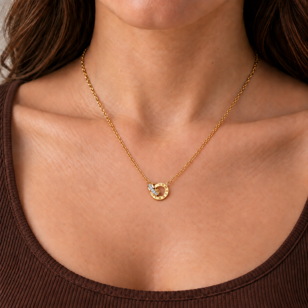 Serena Interlocking Necklace — try-on with petite interlocking pendant scaled to product dimensions