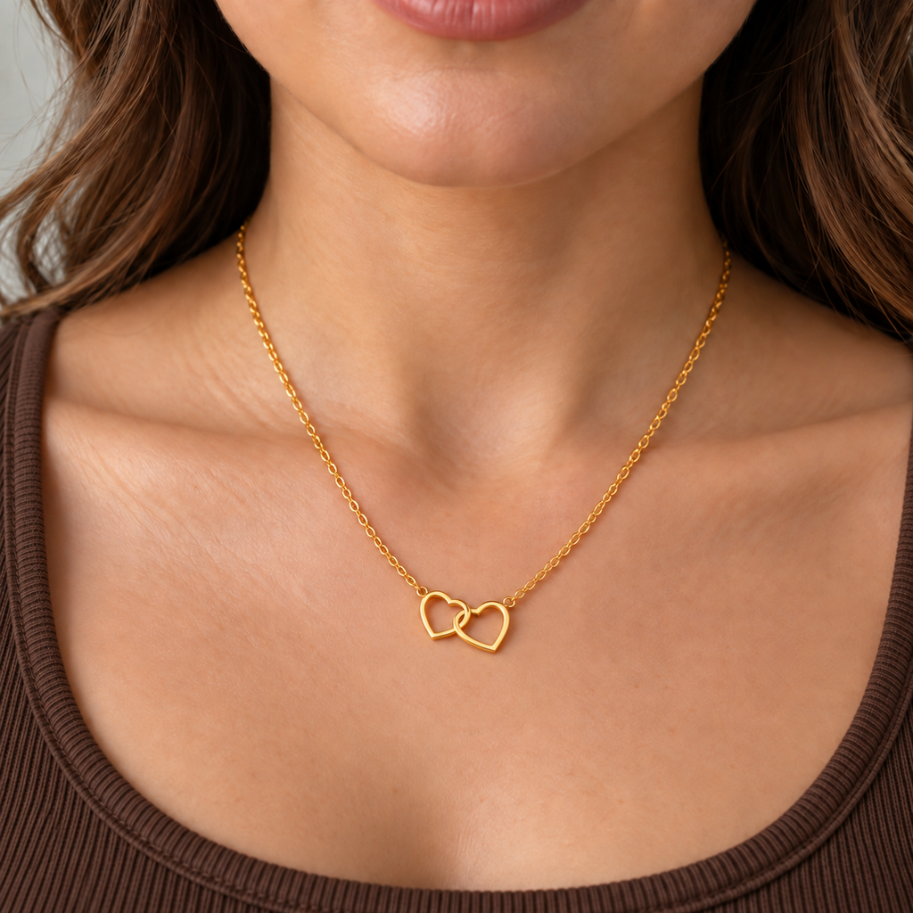 Celine Heart Necklace — try-on with modern dark clothing
