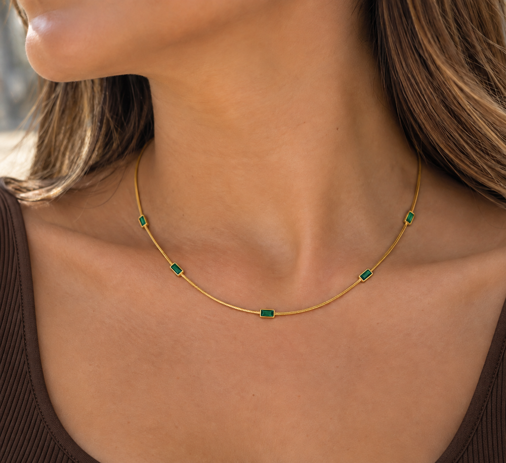 Soleil Crystal Necklace — try-on with modern dark clothing