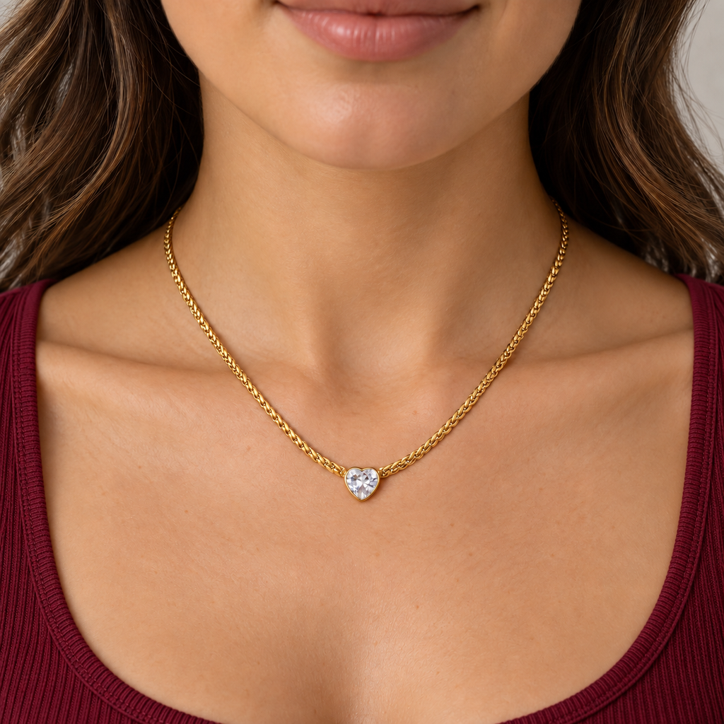 Belle Heart Necklace — try-on with modern dark clothing