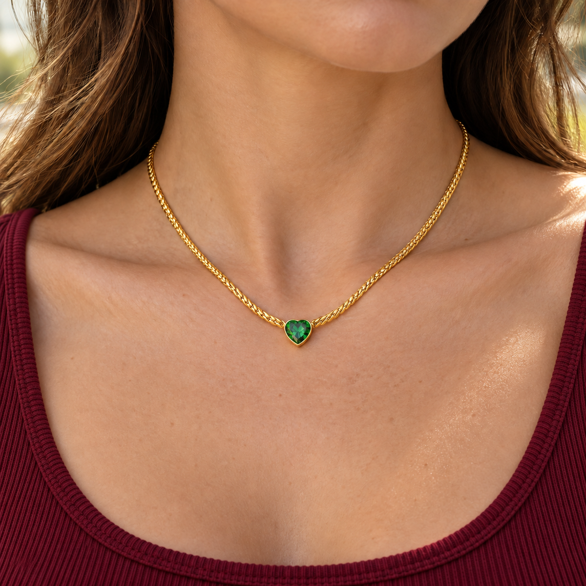 Nova Heart Necklace — try-on with modern dark clothing