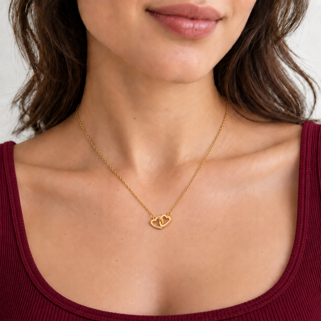 Isla Heart Necklace — try-on with modern dark clothing