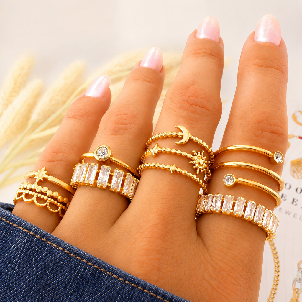 Solene Crystal Ring — try-on with dark indigo denim