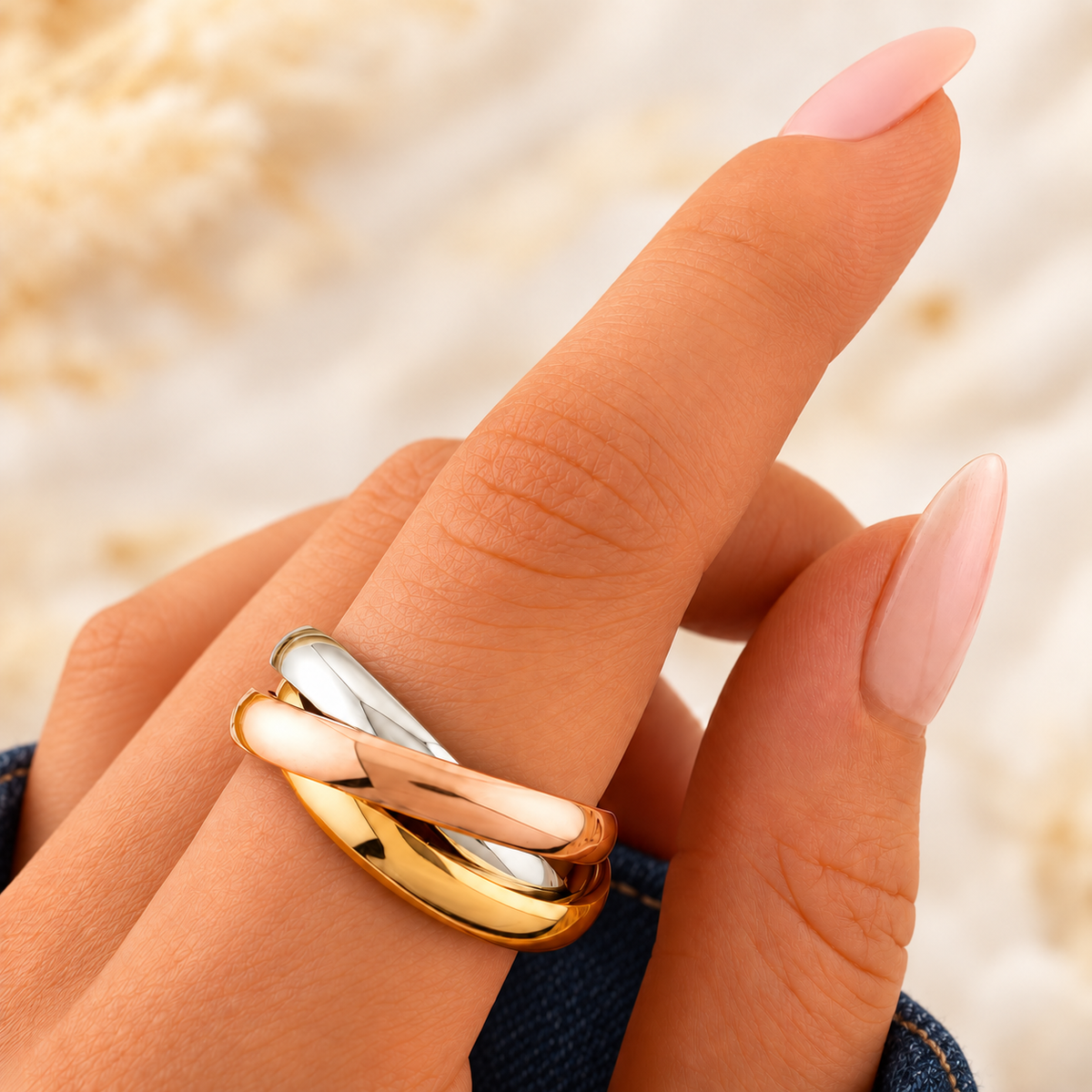 Noelle Two-Tone Ring — try-on with dark indigo denim