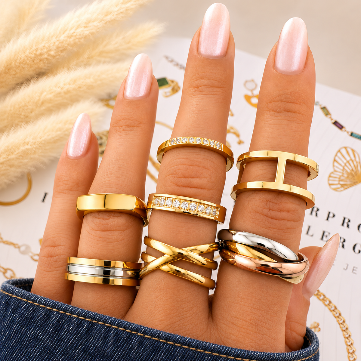 Nova Crystal Ring — try-on with dark indigo denim