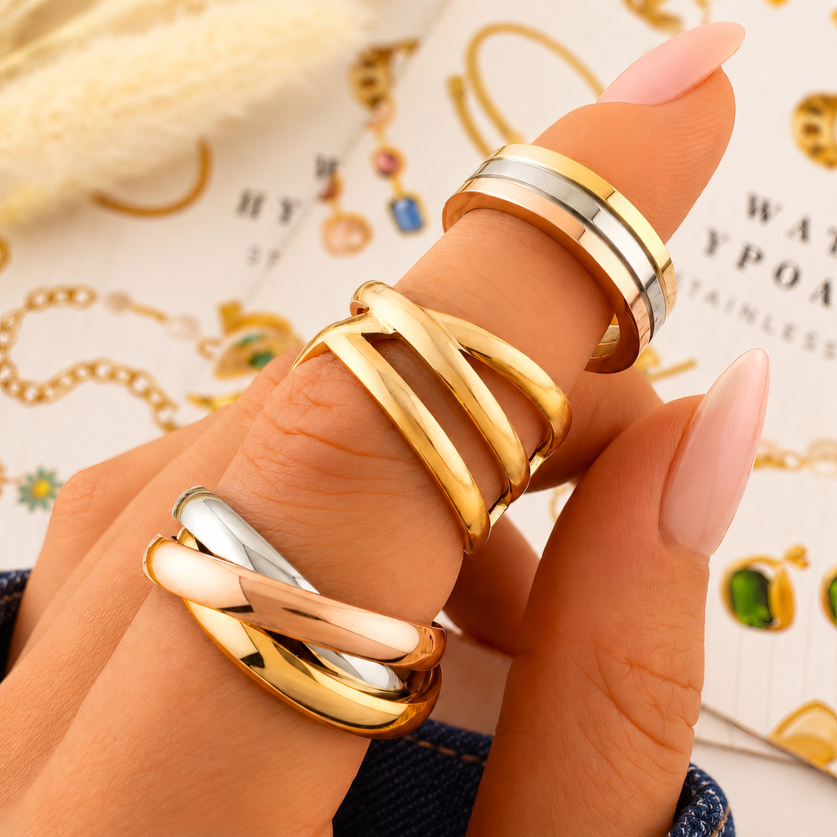 Noelle Two-Tone Ring — try-on with dark indigo denim