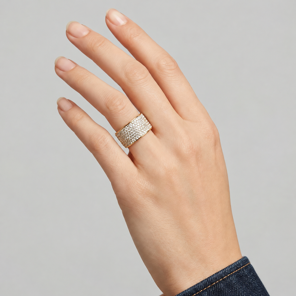 Serena Crystal Ring — try-on with dark indigo denim