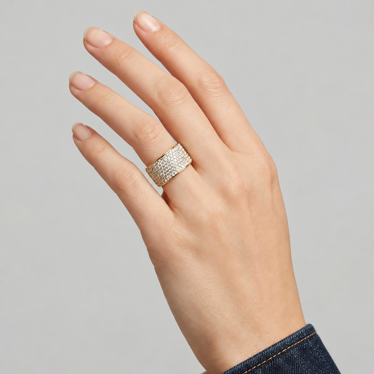 Serena Crystal Ring — try-on with dark indigo denim