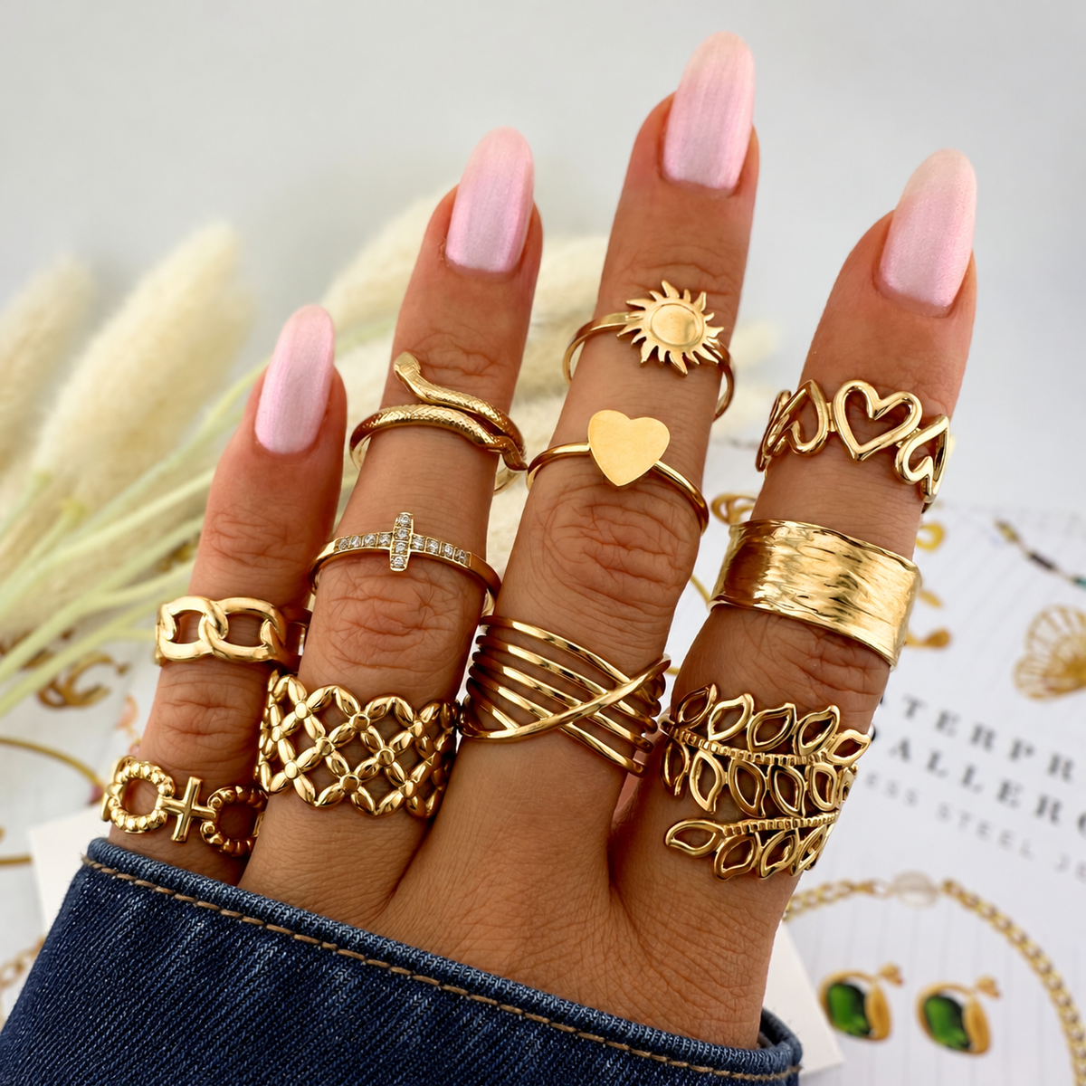 Soleil Heart Ring — try-on with modern dark clothing