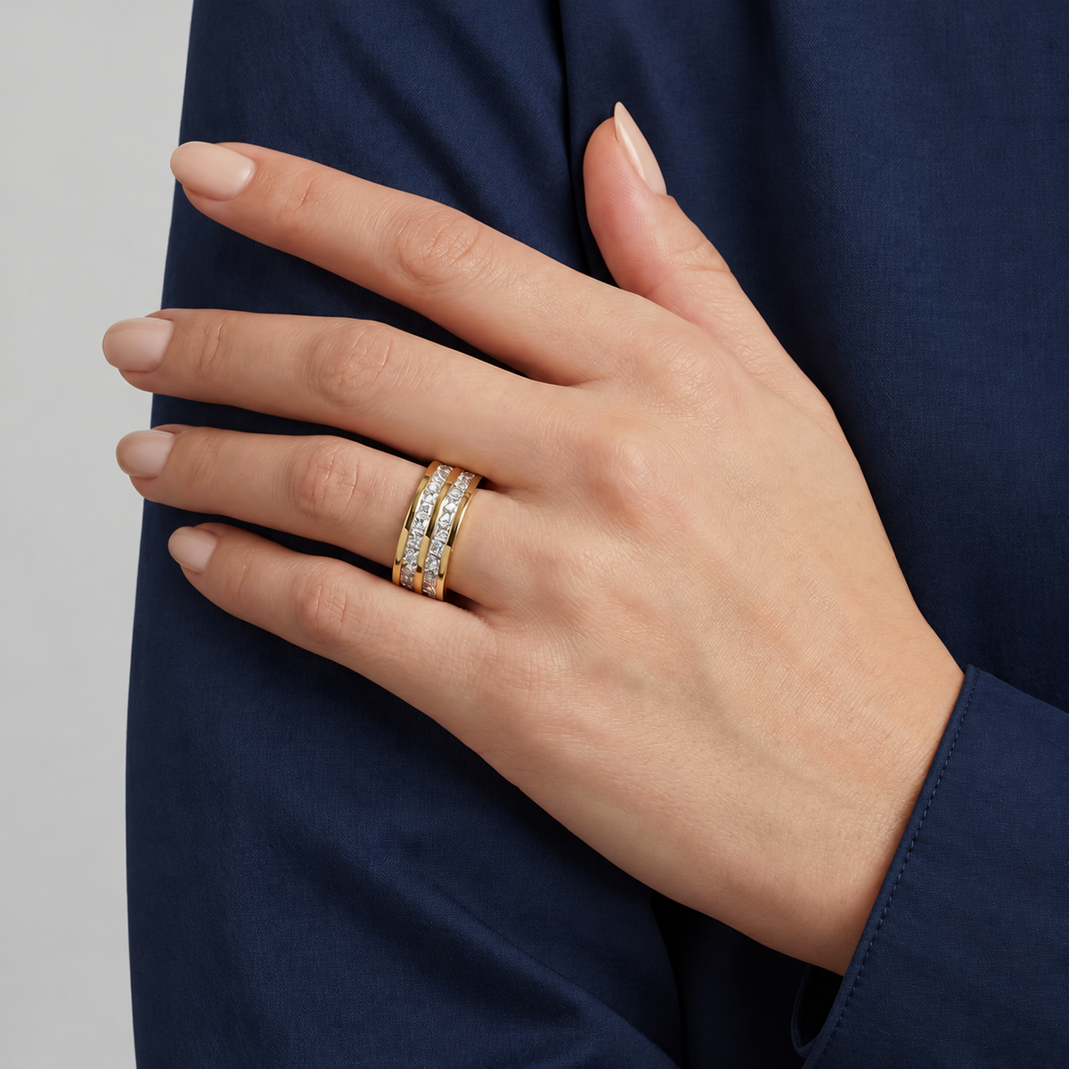 Aria Crystal Ring — try-on with modern dark clothing