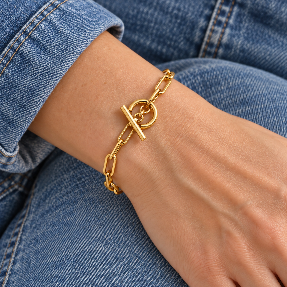 Celeste Bracelet worn on wrist with contemporary blue denim styling