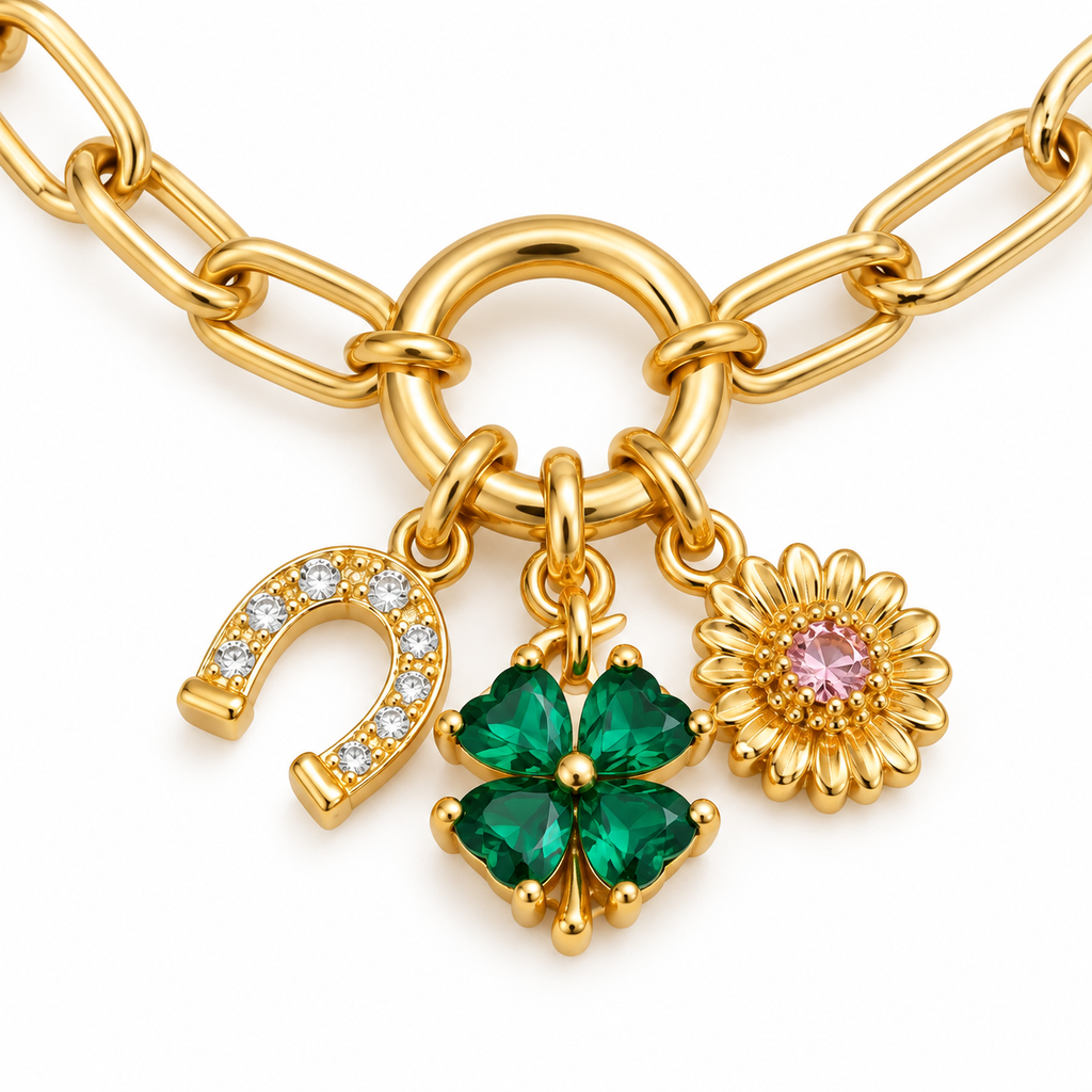 Clover Charm Paperclip Bracelet — detail