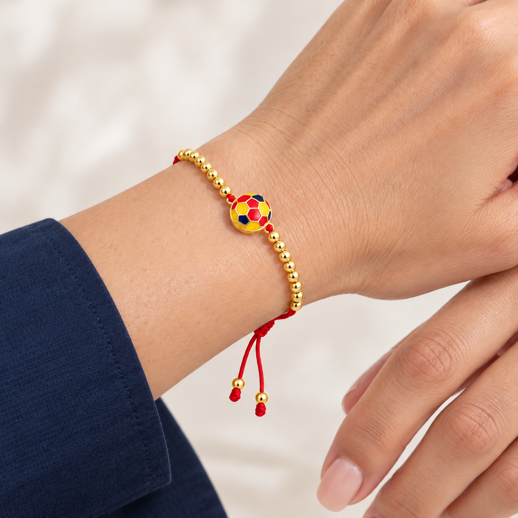 Colorful Soccer Ball Cord Bracelet — try-on with modern dark clothing