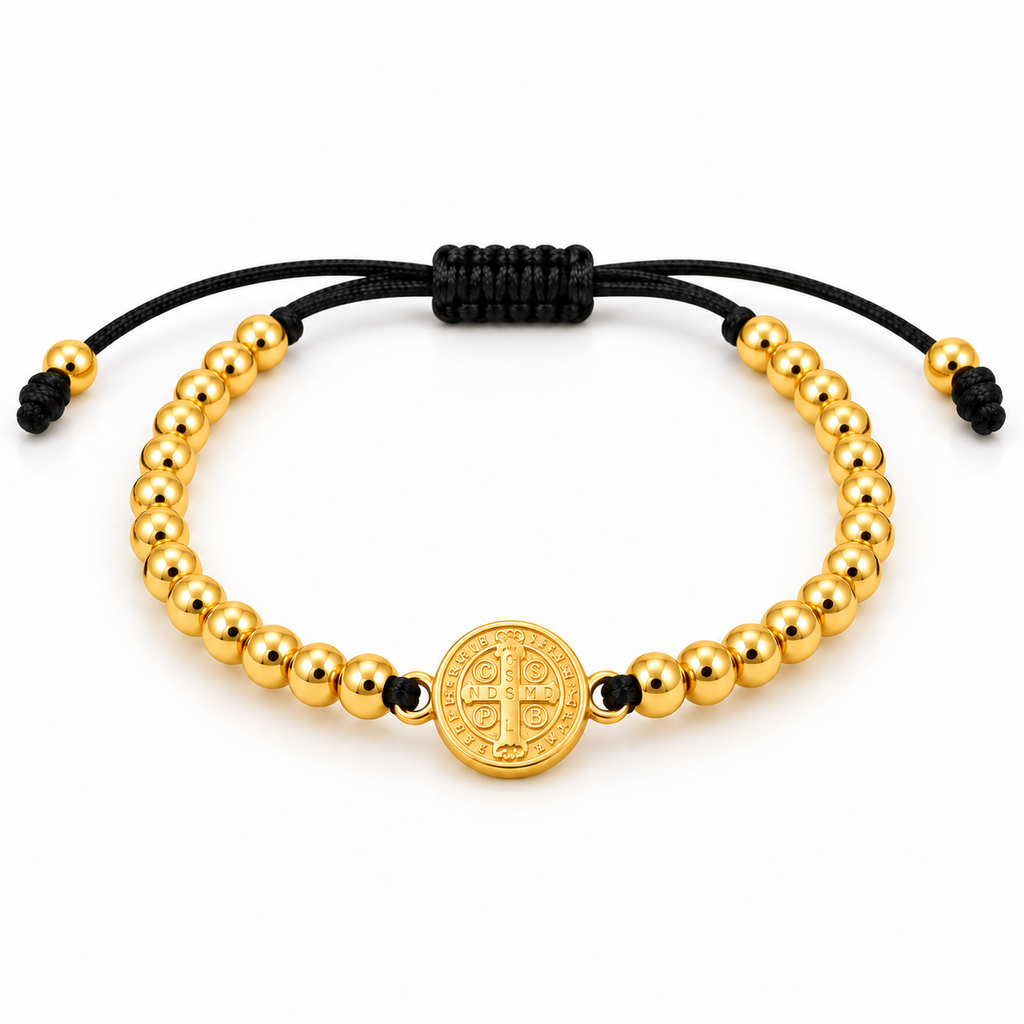 Black Saint Benedict Cord Bracelet — close-up on white background