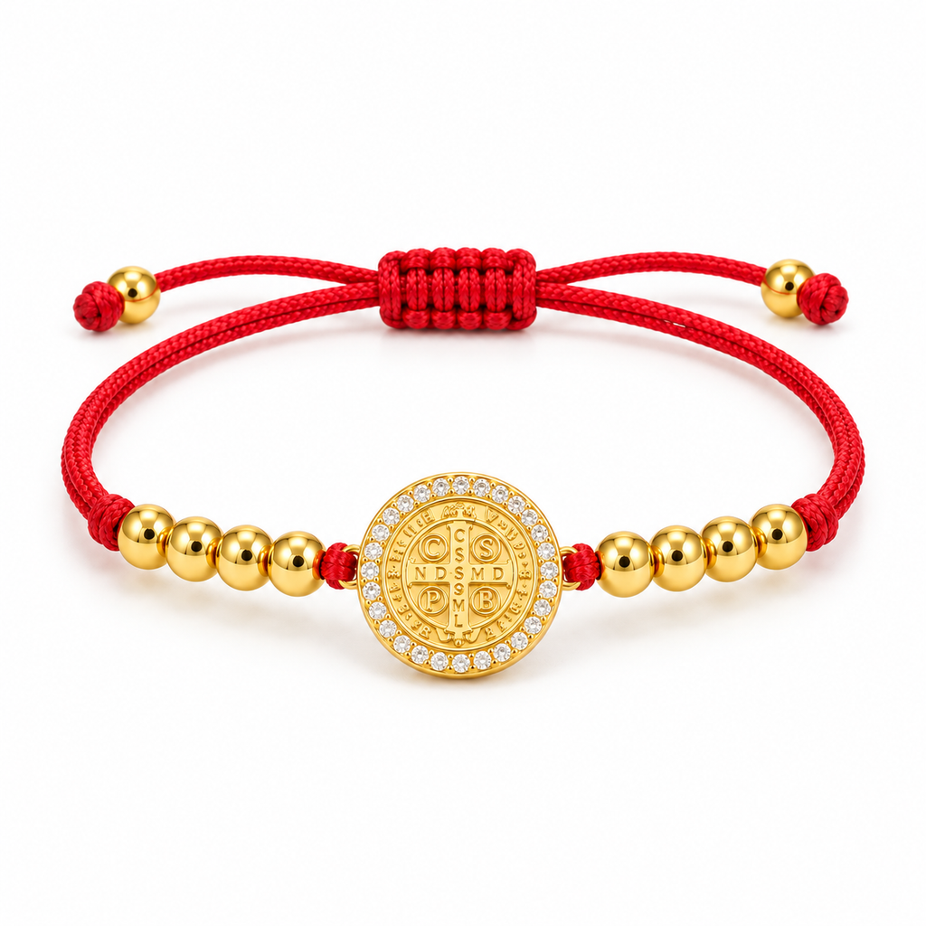 Red Saint Benedict Cord Bracelet — complete bracelet view