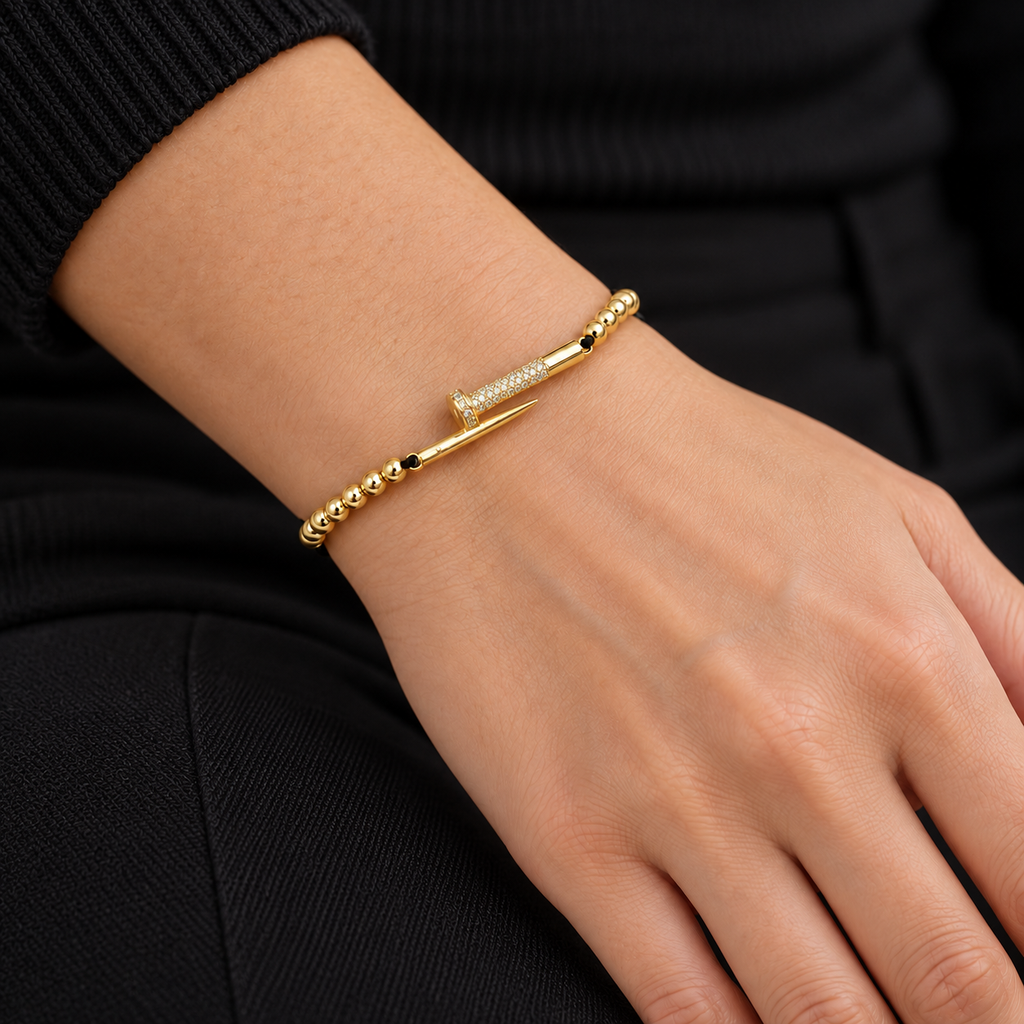 Crystal Nail Cord Bracelet — try-on with modern dark clothing