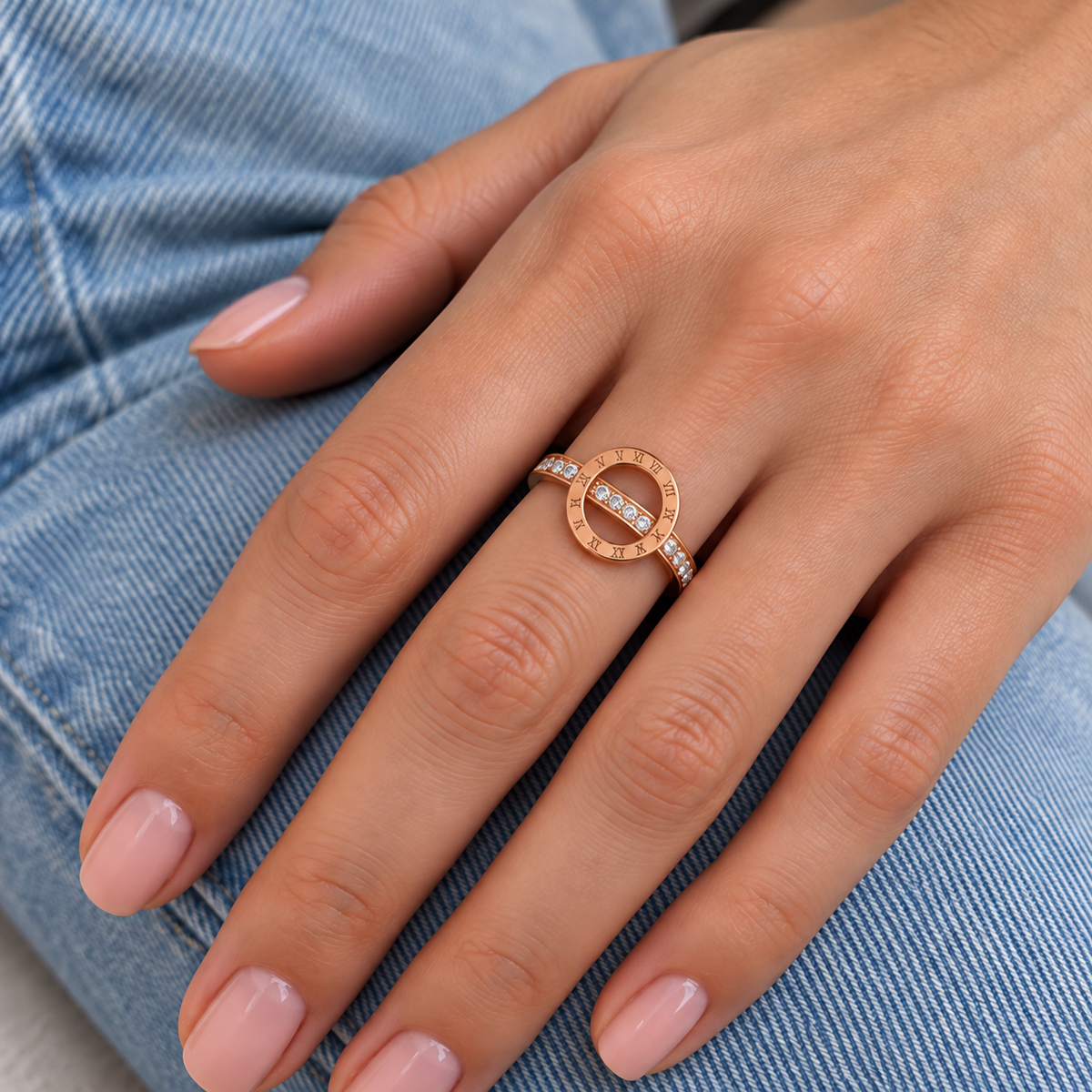 Dalia Crystal Ring virtual try-on worn alone, rose gold Roman numeral circle with crystal band crossing its center