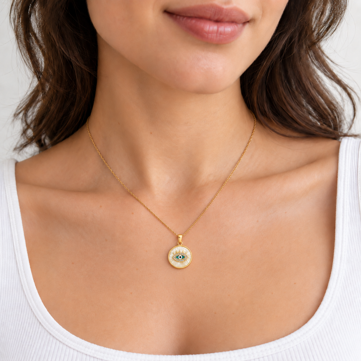 Dalia Evil Eye Necklace — try-on with refined proportions