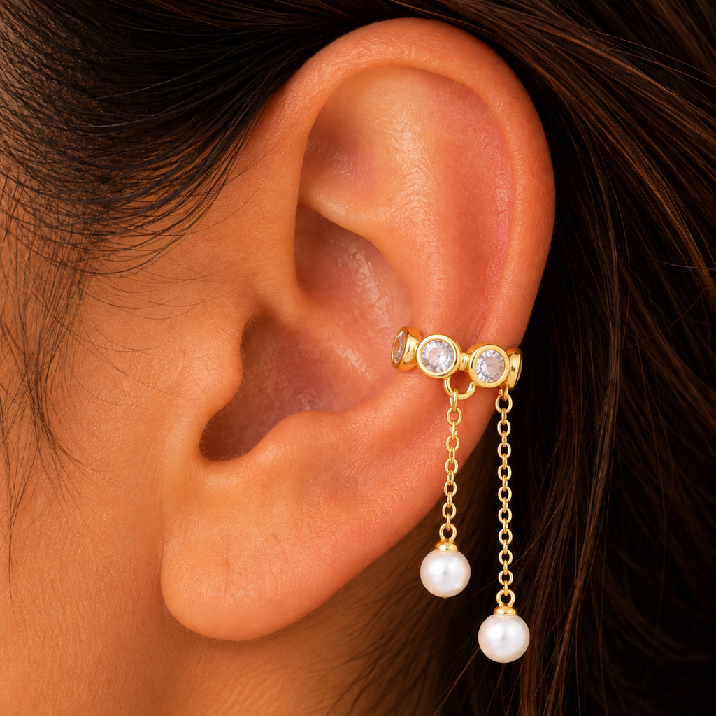 Pearl Drop Chain Ear Cuff - on-ear try-on