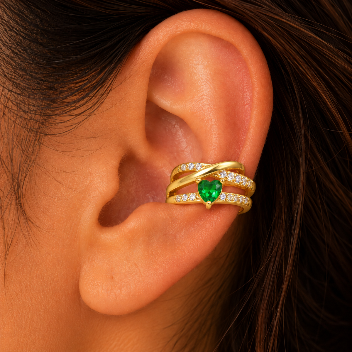 Green Crystal Openwork Ear Cuff - on-ear try-on