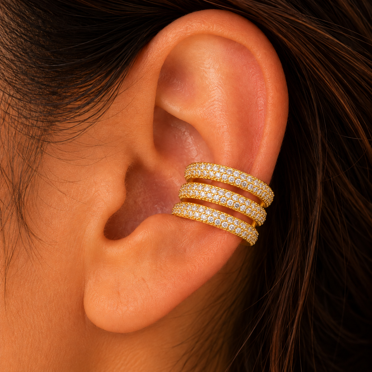 Triple Row Crystal Ear Cuff - on-ear try-on