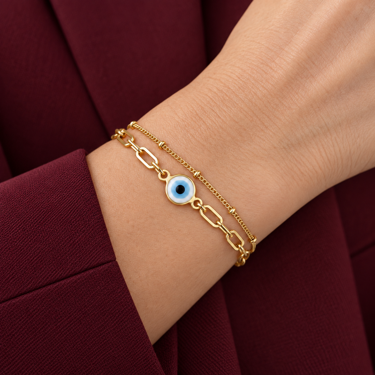 Elara Evil Eye Bracelet worn on wrist with modern everyday clothing