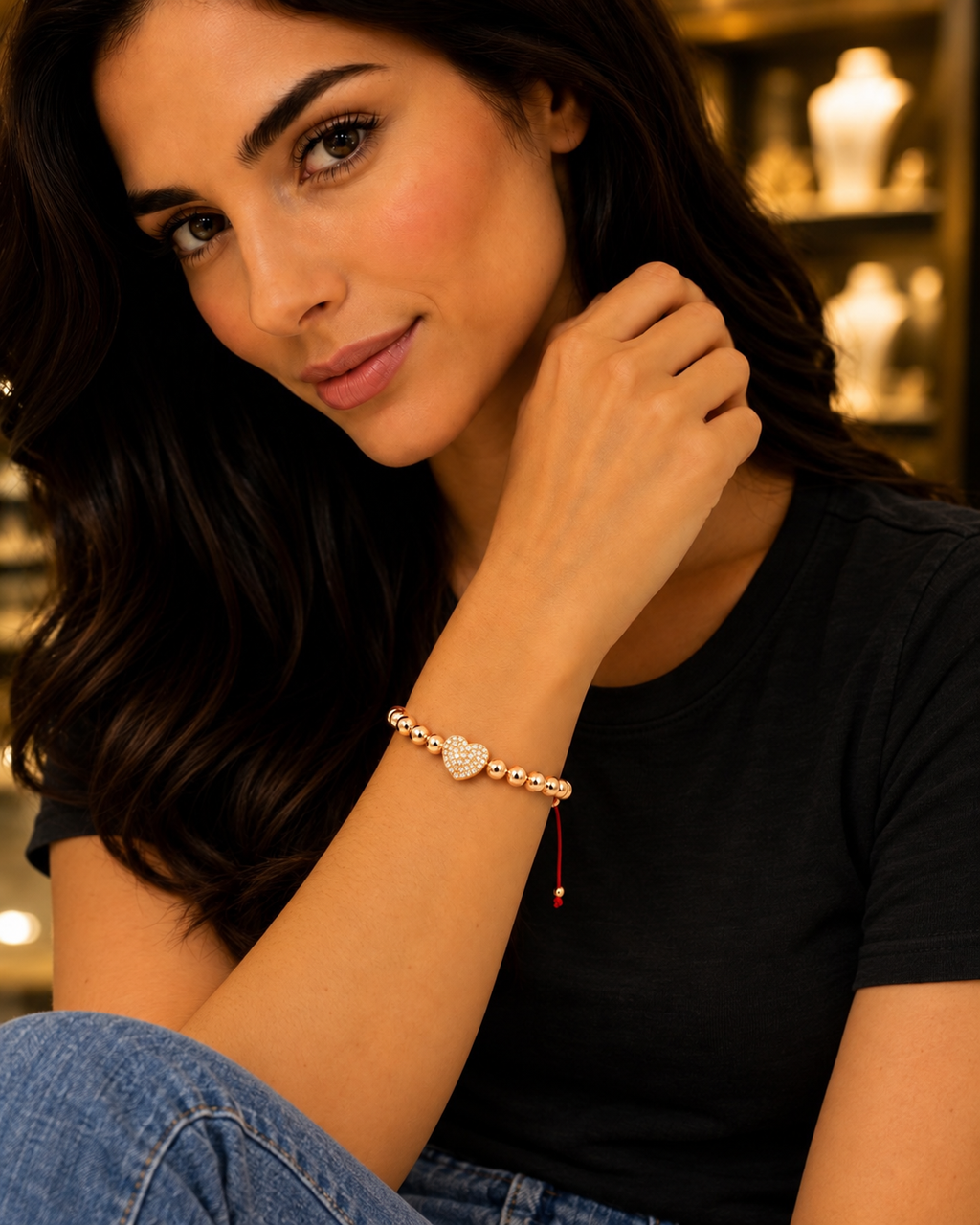 Elegance Heart Cord Bracelet worn with casual everyday clothing