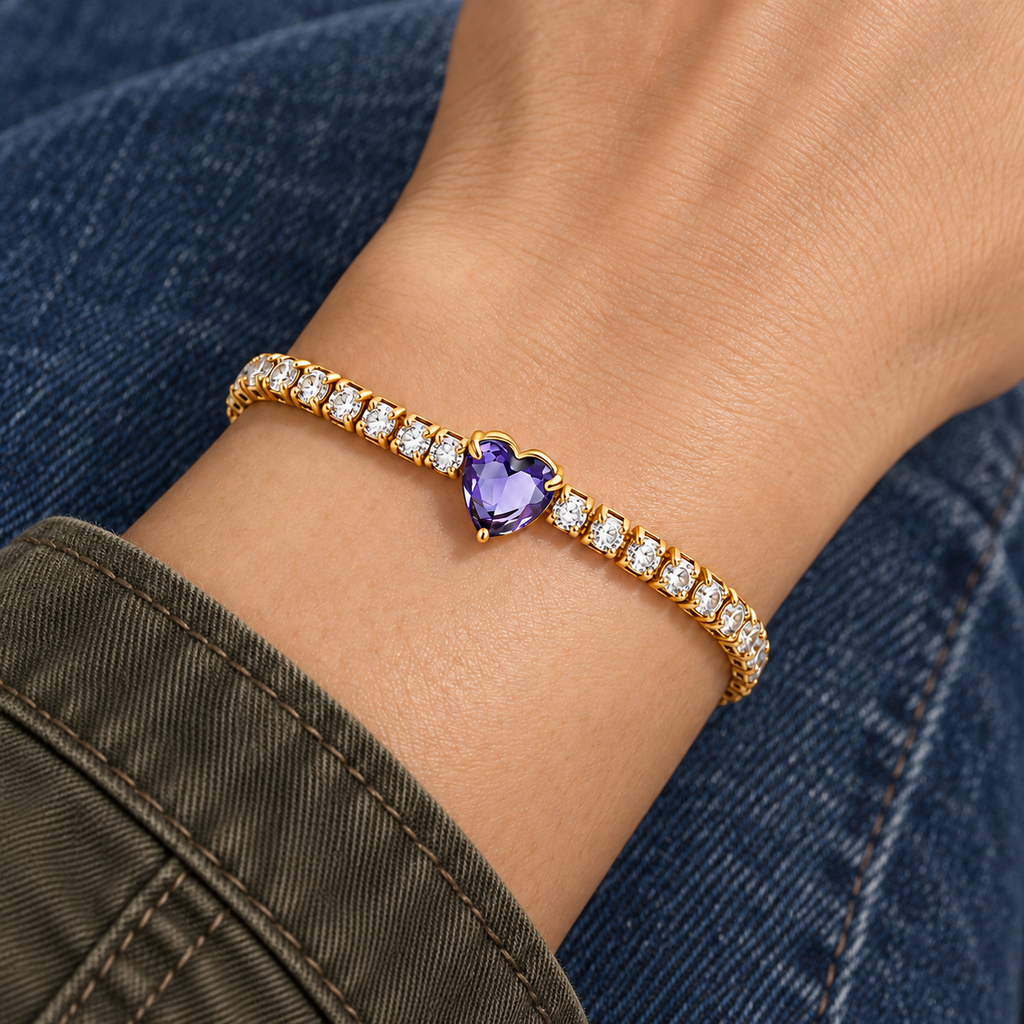 Elise Heart Bracelet worn on wrist with modern everyday clothing