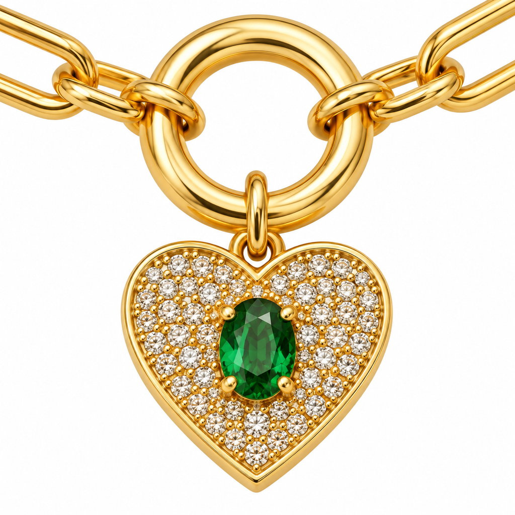 Emerald Heart Paperclip Bracelet — close-up of jewelry details
