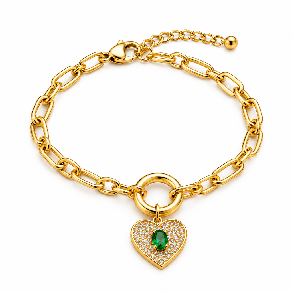 Emerald Heart Paperclip Bracelet — full bracelet on white background