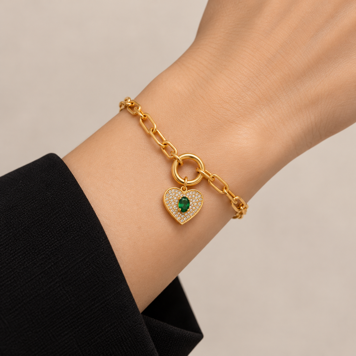 Emerald Heart Paperclip Bracelet — bracelet worn on wrist