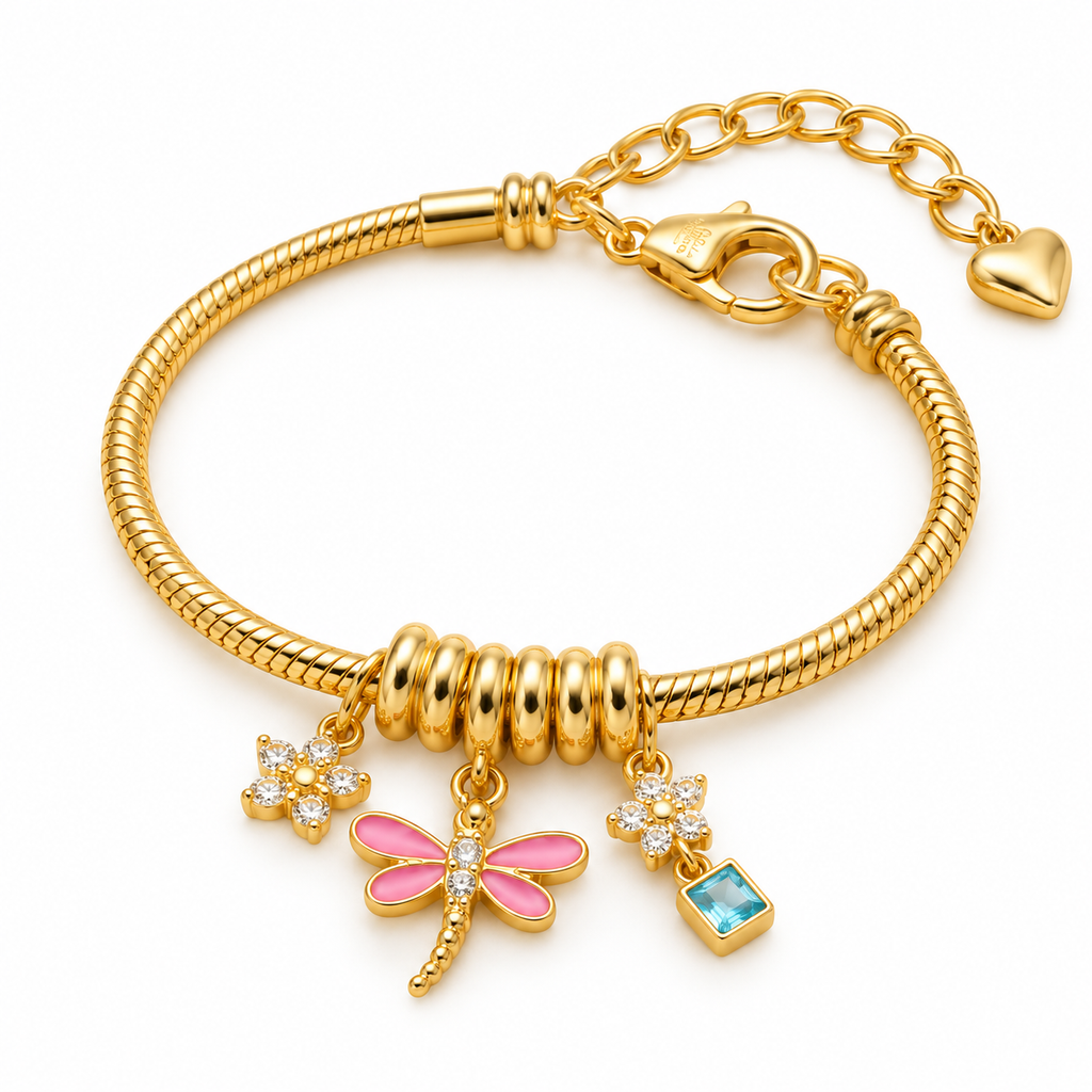 Enchanted Dragonfly Charm Bracelet — full bracelet on white background