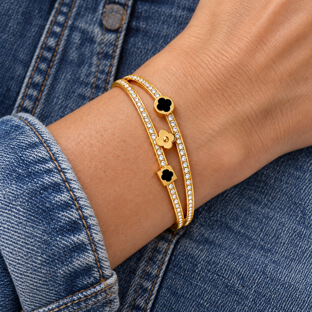 Esme Floral Meadow Bracelet worn on wrist with modern everyday clothing