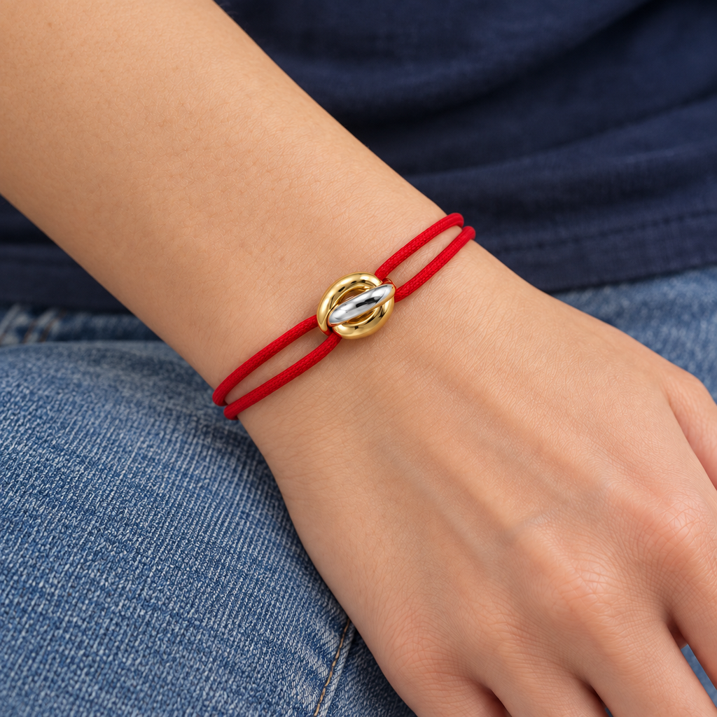 Eternal Knot Cord Bracelet worn with casual everyday clothing