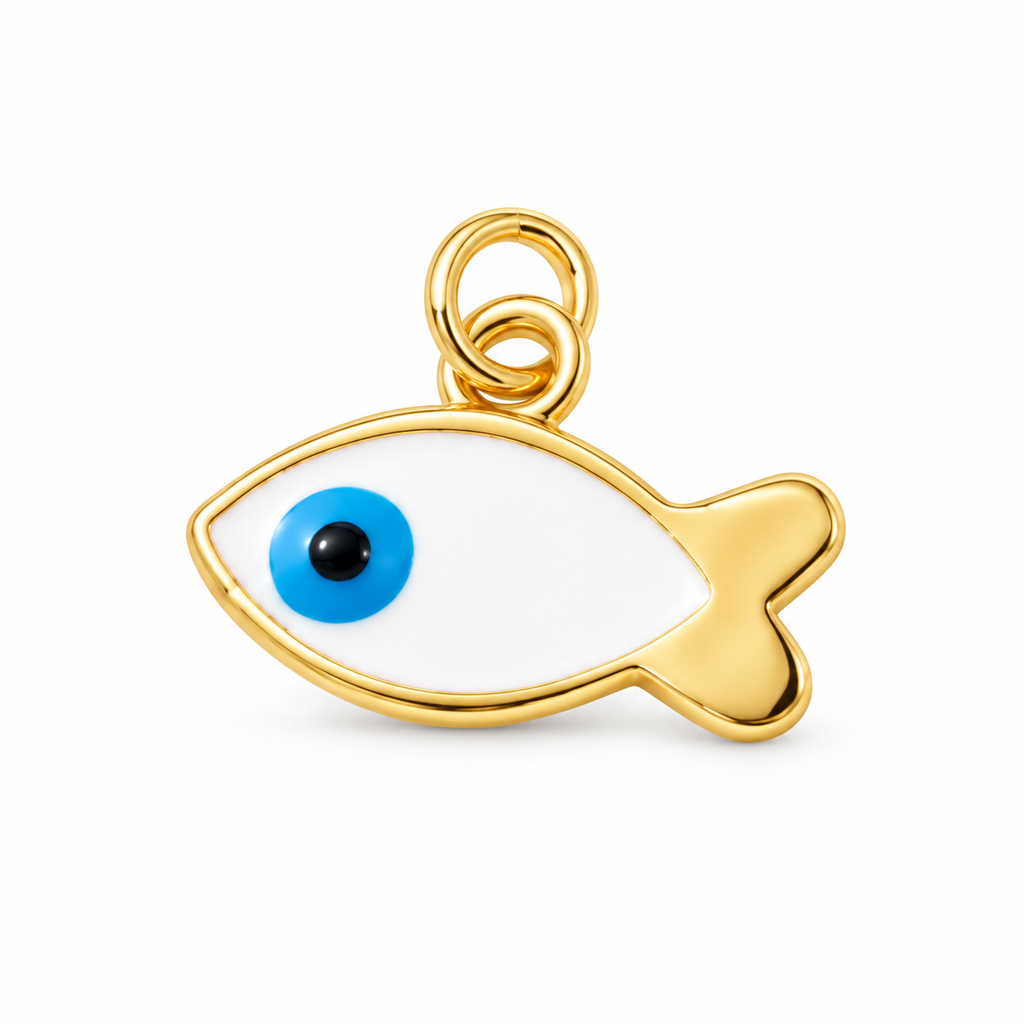 Eye Fish Charm Pendant - Gold Plated on white background