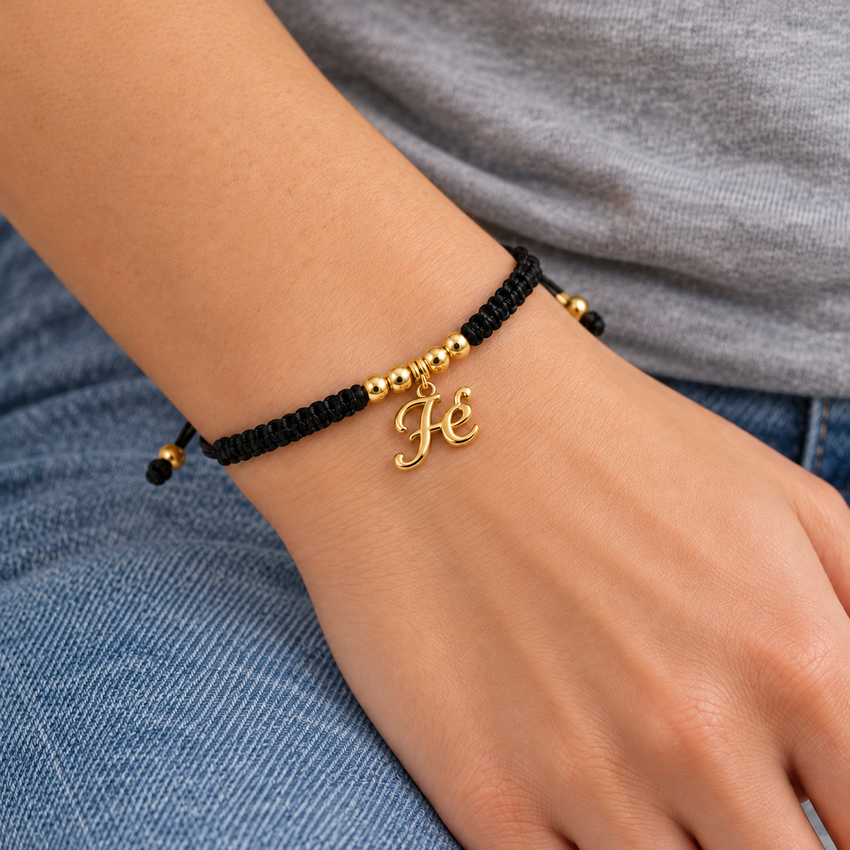 Faith Cord Bracelet worn with casual everyday clothing