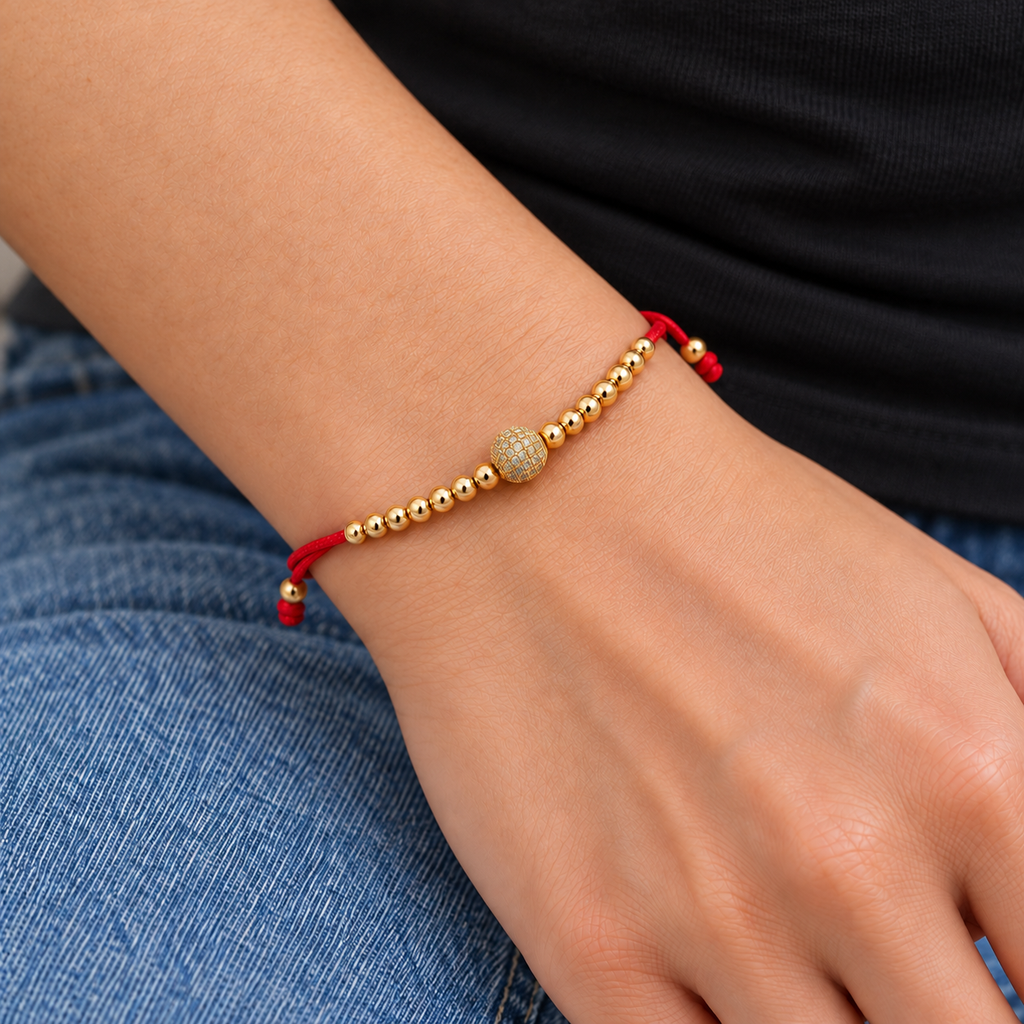 Fireball Beaded Cord Bracelet — try-on with modern dark clothing